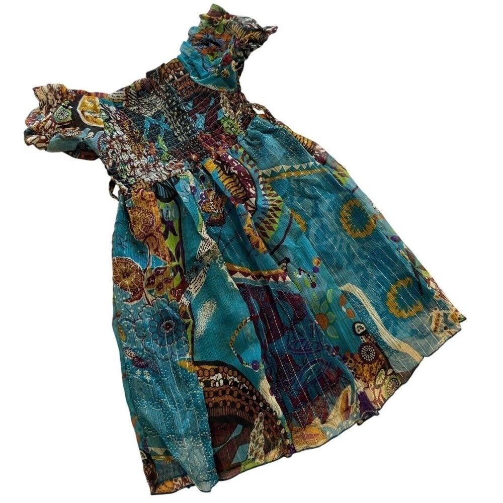Raj Kids Vintage Silk Smocked Dress Girls 2-4Y Blue Deadstock NWT Boho Floral